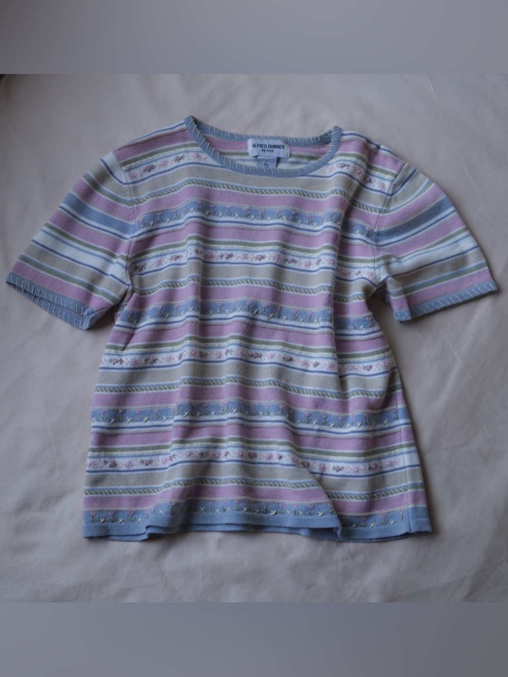 Alfred Dunner Pastel Stripe Beaded Knit Top Vintage Feminine Sweater LP